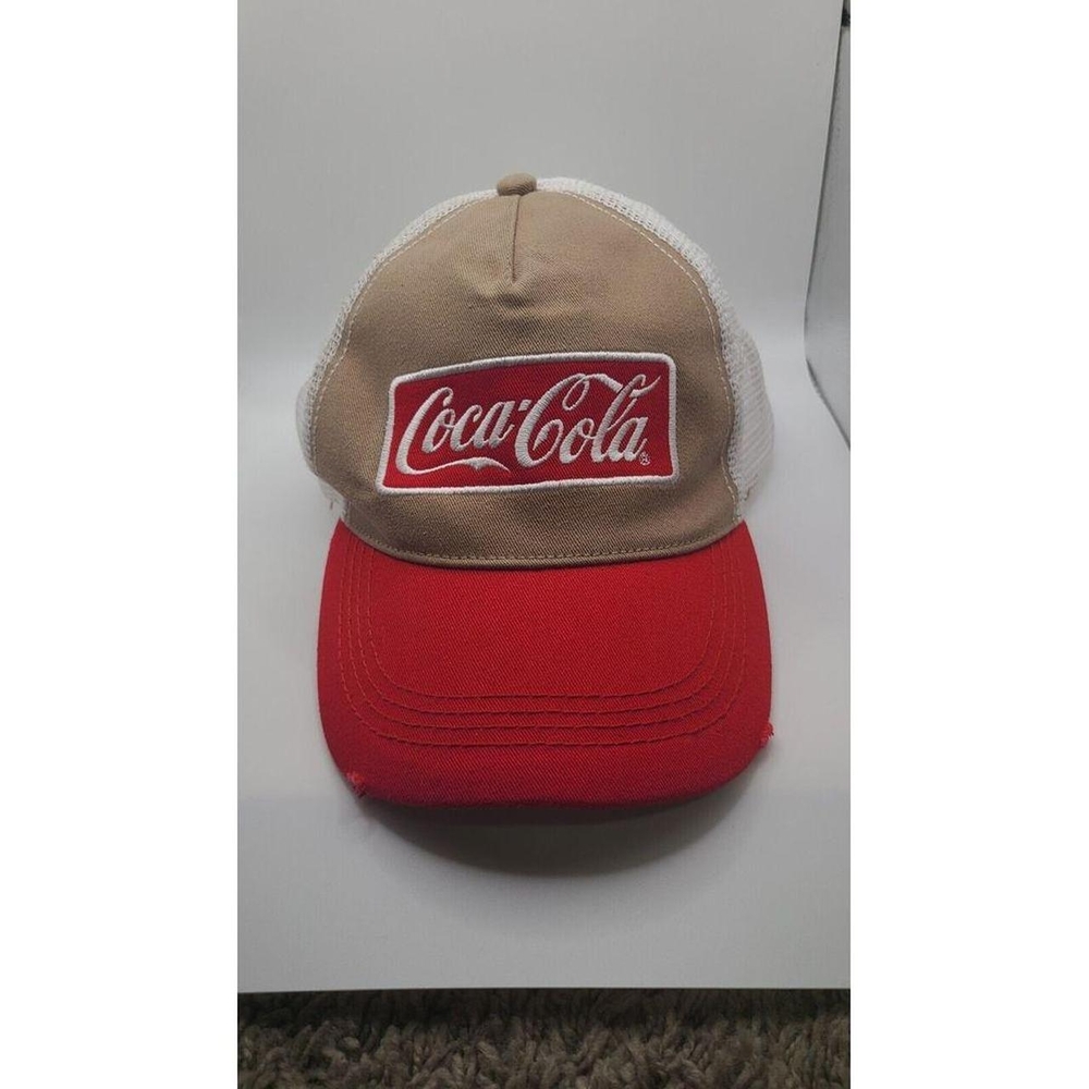 Vintage Coca Cola White Logo Patch Hat Trucker Mesh (Red, White, Tan)